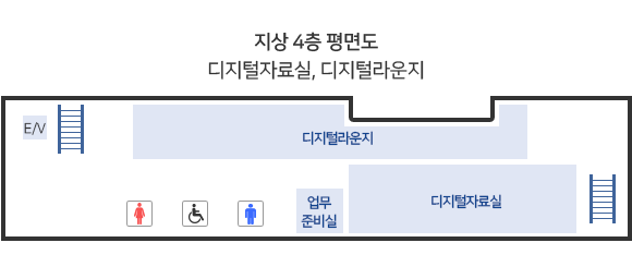 4층 평면도 - 디지털자료실, 디지털라운지, 업무준비실, 남/여/장애인 화장실, 엘리베이터 등이 있다