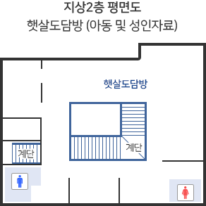 2층 평면도 - 햇살도담방(아동 및 성인자료), 남/여 화장실 등이 있다.